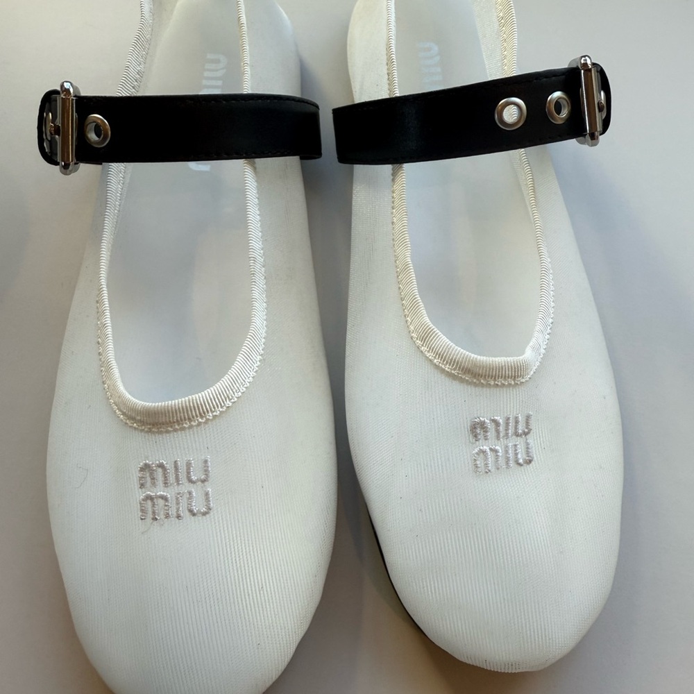 Miu Miu White Mesh Flats with Black Straps